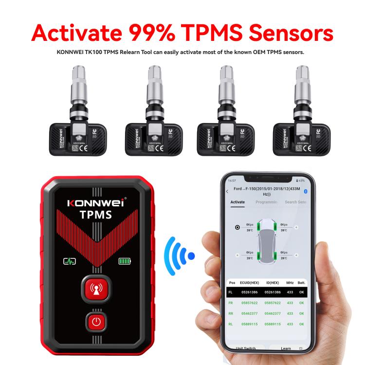 KONNWEI Tire Pressure Monitoring System Connector Supports Bluetooth Version 5.2, TK100+ Sensor