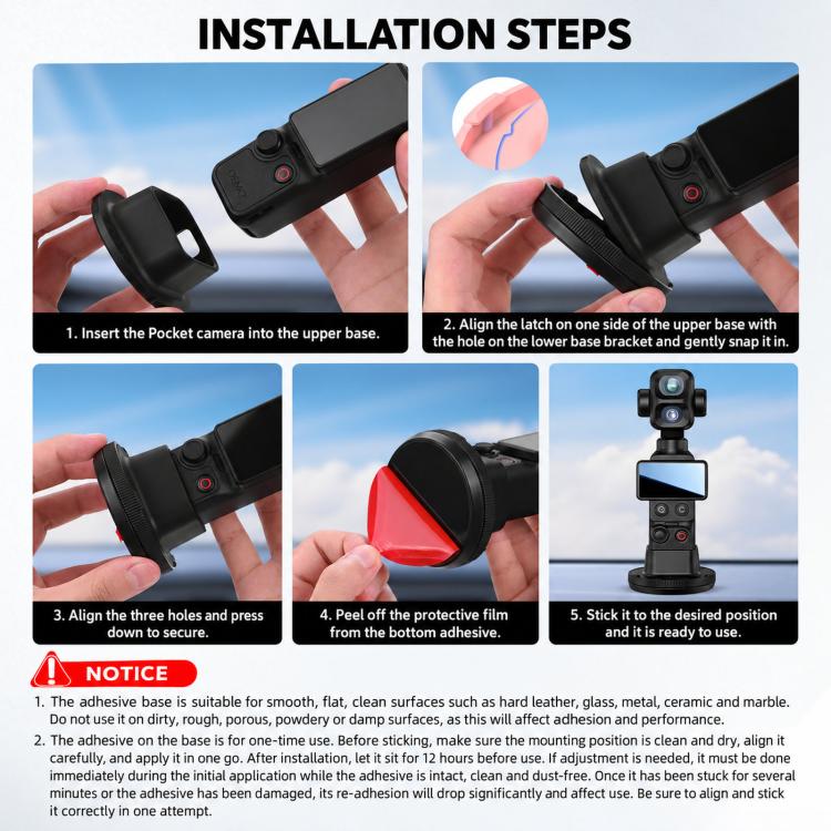 For DJI Osmo Pocket 3 / 4P BRDRC Rotatable Adhesive Car Mount
