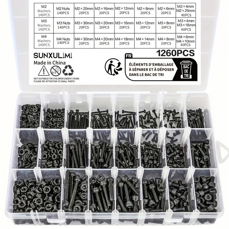 1260 PCS/Box M2 M3 M4 Socket Head Cap Screws Kit Alloy Steel Metric Bolts Nuts Washers Set