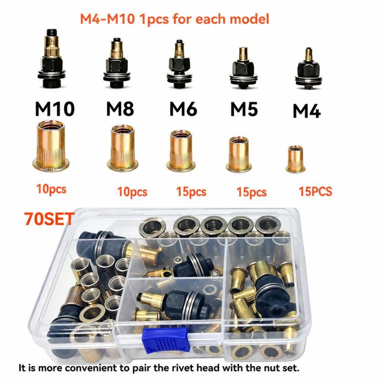 Metric Rivet Nut Mandrel Kit Threaded Insert Rivnut Assortment Set, 60 PCS/Box M3-M8, 70 PCS/Box  M4-M10, 53 PCS/Box M3-M8, 77 PCS/Box M3-M12