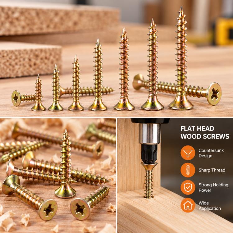Yellow Zinc Plated Chipboard Screw Kit Flat Head Wood Screws Assortment Set, 220 PCS/Box M4 - M5, 340 PCS/Box M4, 420 PCS/Box M3 - M5