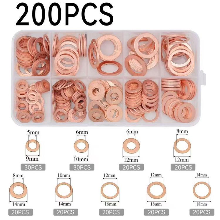 200 PCS/Box M5-M14 Solid Copper Washer Assortment Kit Metric Crush Washers Sealing Flat Rings Set, Copper Washer