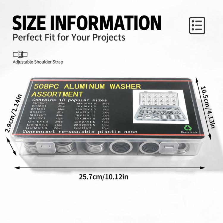 508 PCS/Box Aluminum Washer Assortment Kit Metric Sealing Flat Rings Set 6mm-24mm, Aluminum Washer