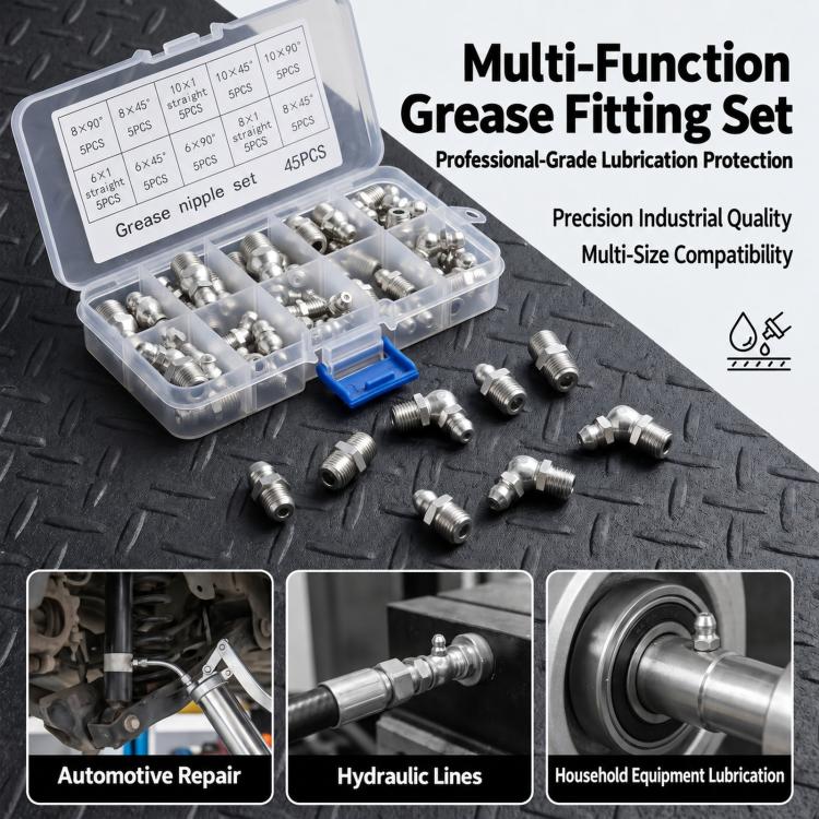 45 PCS/Box Metric Grease Nipple Assortment Kit with Straight 45-degree & 90-degree Angles