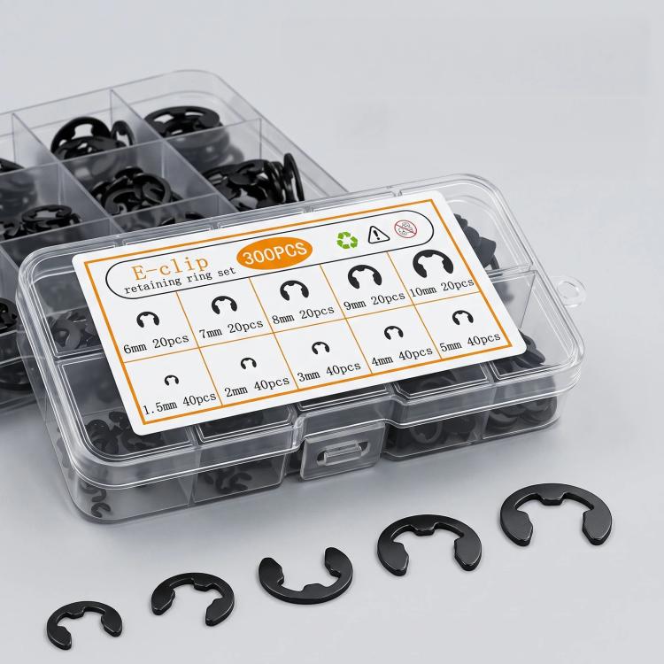 300 PCS/Box E-Clip Assortment Kit Black Manganese Steel Metric Retaining Rings Set 1.5mm-10mm, E-Clip
