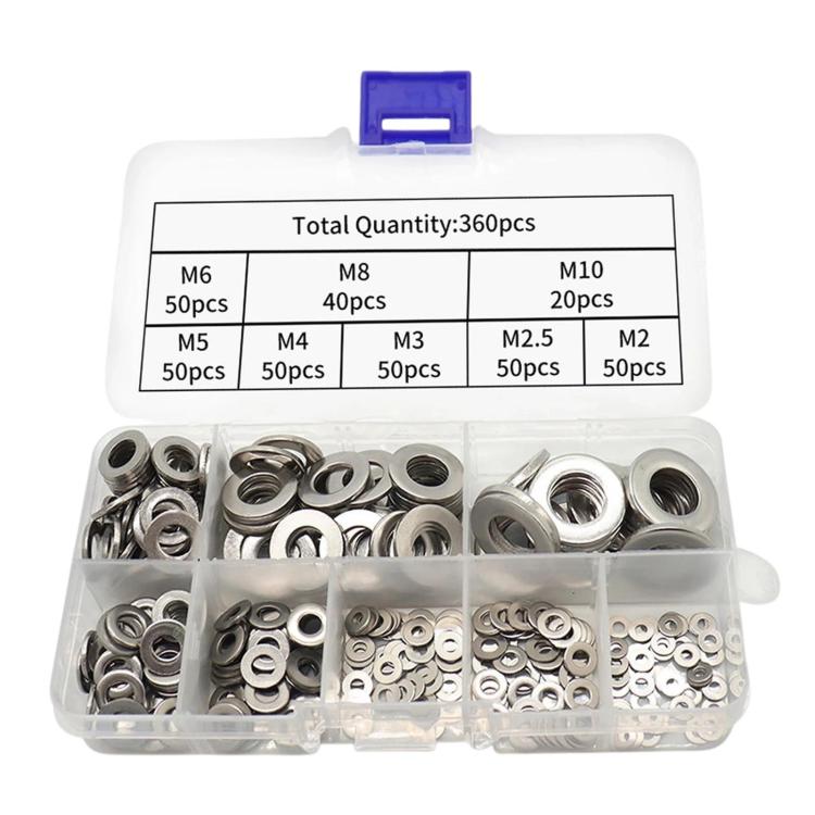 304 Stainless Steel Flat Washers Set M2-M10 Metric Sealing Gaskets Assortment Kit, 360 PCS/Box