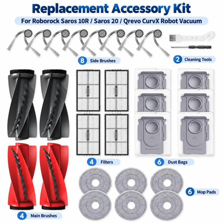 Replacement For Roborock Saros 10R / Saros 20 / Qrevo CurvX Robot Vacuum, 28 In 1 Kit, 1 Pair Roller Brush, Filter, Side Brush, Dust Bag, Mop Pad