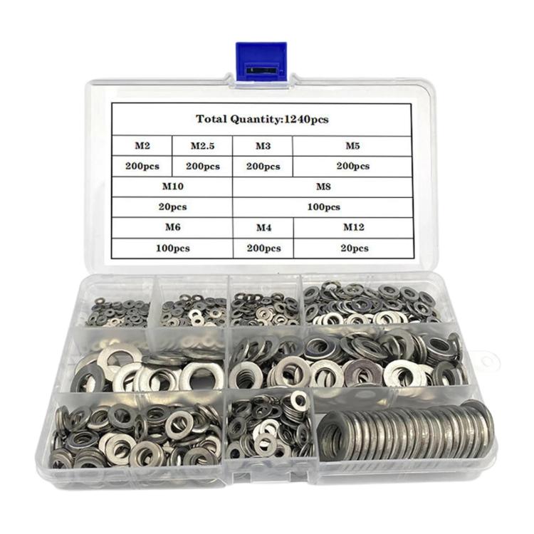 304 Stainless Steel Flat Washers Set M2-M12 Metric Sealing Gaskets Assortment Kit, 1240 PCS/Box