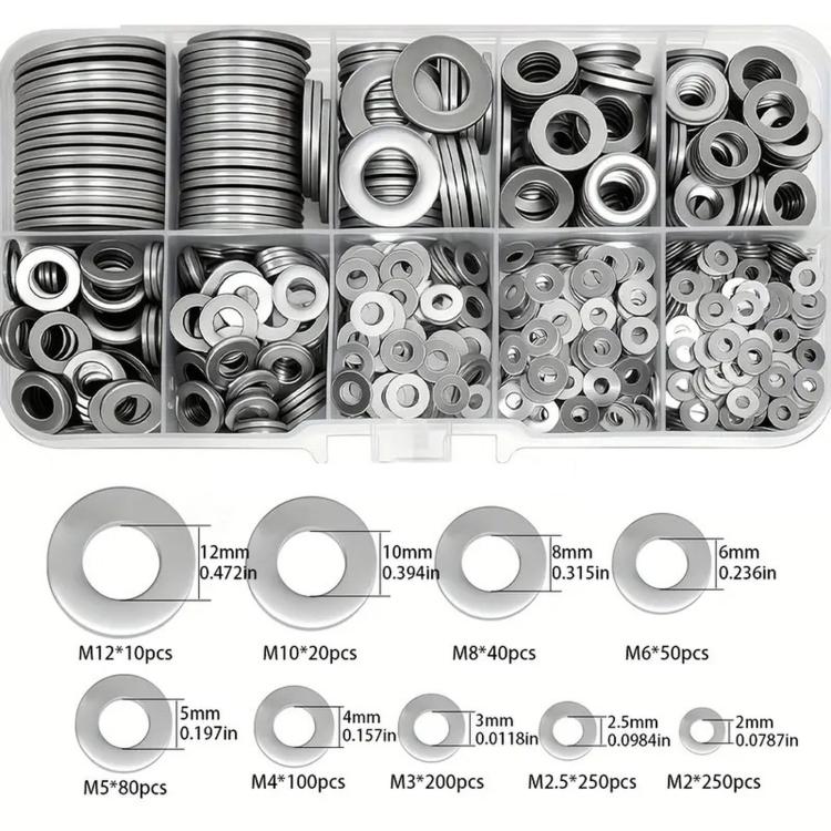 304 Stainless Steel Flat Washers Set M2-M12 Metric Sealing Gaskets Assortment Kit, 1240 PCS/Box