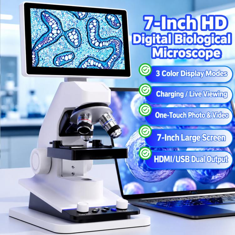 BM070 LCD Digital Biological Microscope 3 Objective Lenses HDMI USB 7 Inch Screen