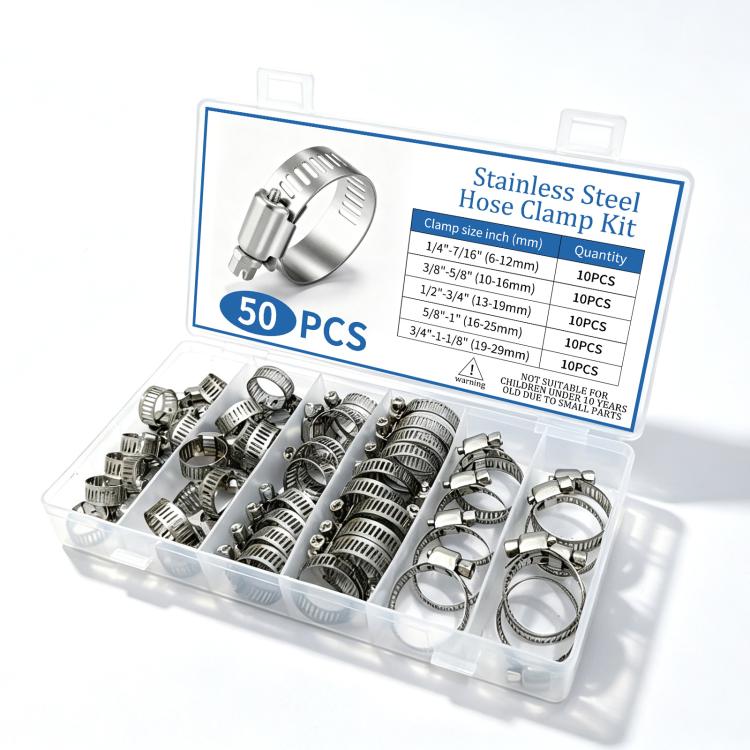 50 PCS/Box Stainless Steel Hose Clamp Kit Adjustable Worm Gear Hose Clamps Assortment Set