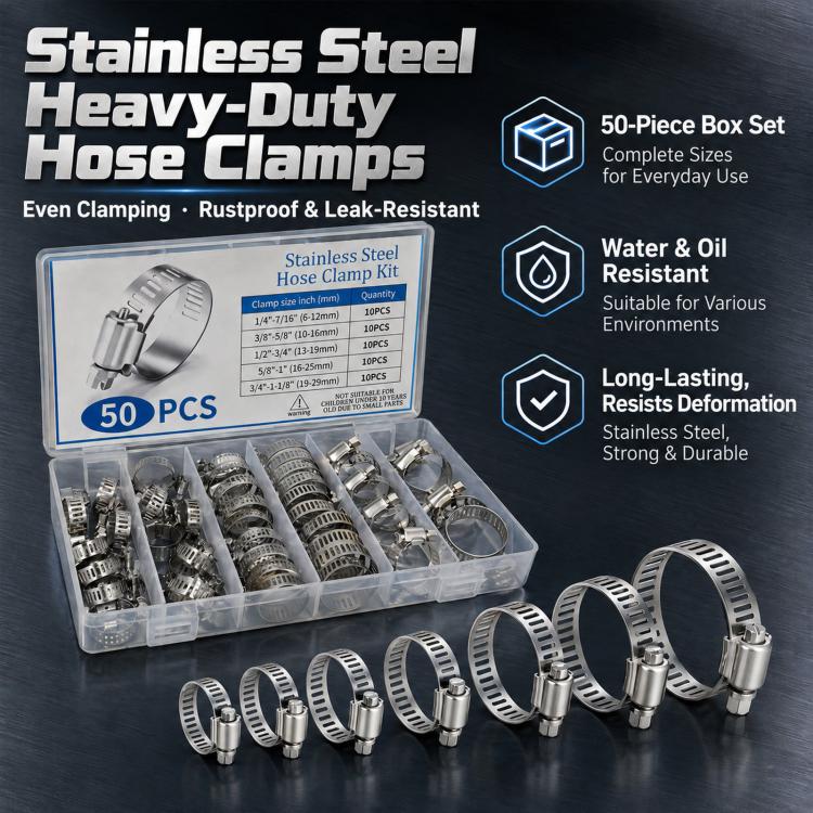 50 PCS/Box Stainless Steel Hose Clamp Kit Adjustable Worm Gear Hose Clamps Assortment Set