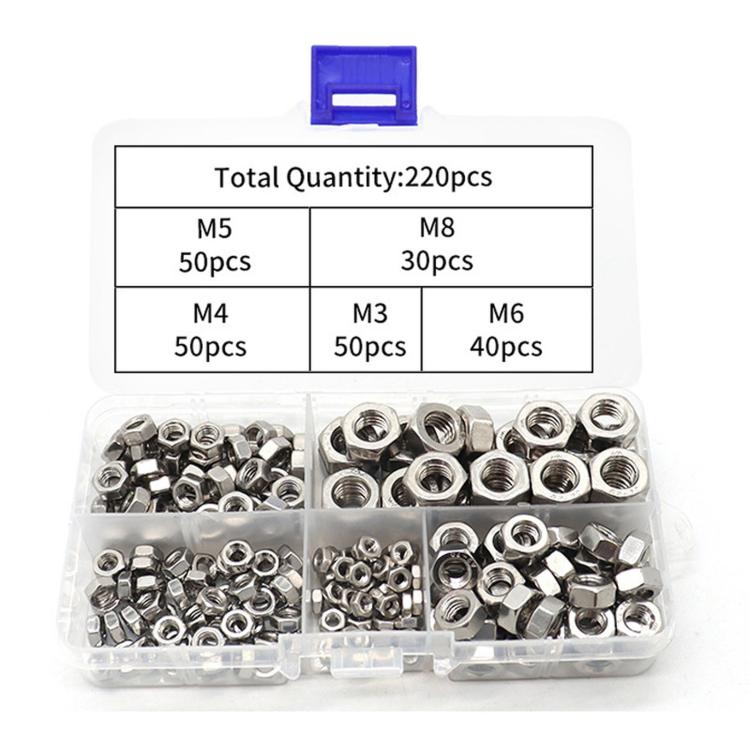 304 Stainless Steel Hex Nuts Assortment Kit M2-M10 Metric Hexagon Threaded Nut Set, 220 PCS/Box, 315 PCS/Box
