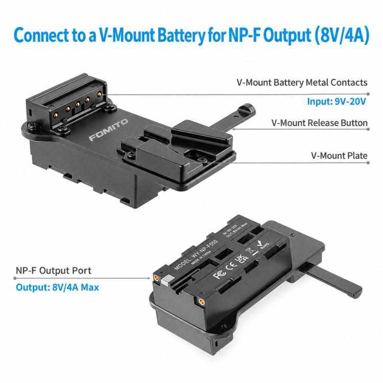 FOMITO NP-F Battery Plate To V-Mount Power Adapter For Monitor & Wireless Video Transmitter, NP-F Battery Plate To V-Mount Power Adapter