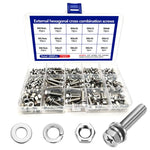 304 Stainless Steel Hex Cross Combination Bolt Nut Kit M4 M5 M6 Phillips Hex Head Screws Set, 200 PCS/Box