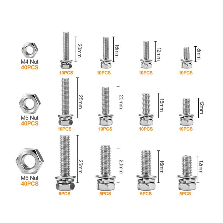 304 Stainless Steel Hex Cross Combination Bolt Nut Kit M4 M5 M6 Phillips Hex Head Screws Set, 200 PCS/Box