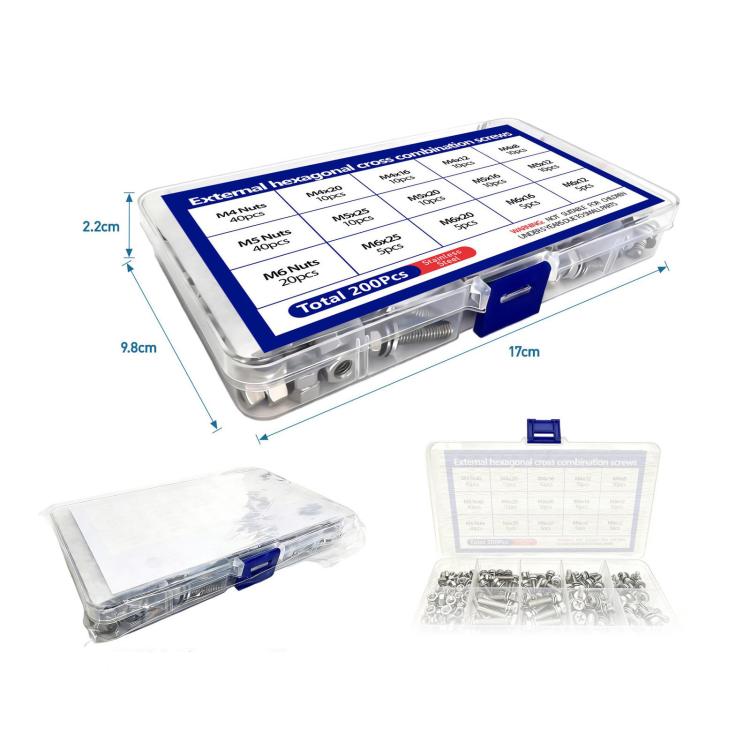 304 Stainless Steel Hex Cross Combination Bolt Nut Kit M4 M5 M6 Phillips Hex Head Screws Set, 200 PCS/Box