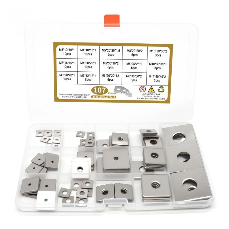 304 Stainless Steel Square Flat Washer Kit M3 M4 M5 M6 M8 M10 M14 Thick Square Plate Washers, 107 PCS/Box