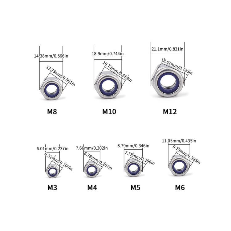 304 Stainless Steel Nylon Insert Lock Nuts Kit, M3 M4 M5 M6 M8 M10 M12 Hex Locknut Set, 182 PCS/Box