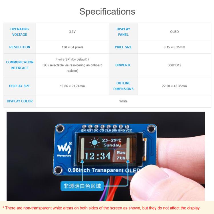 0.96 inch Transparent OLED Display Module 128 x 64 Resolution SPI/I2C Interface SSD1312 Driver IC, WAVESHARE 33163