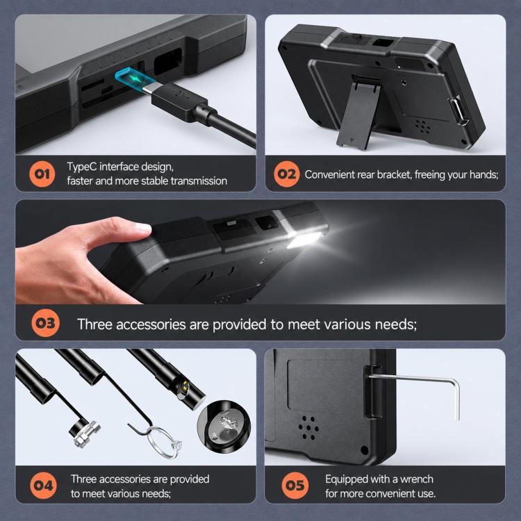 ES01 Industrial Endoscope Camera 4.3 inch IPS Inspection Scope IP67 Waterproof Borescope, No Memory Card, With 32GB Memory Card