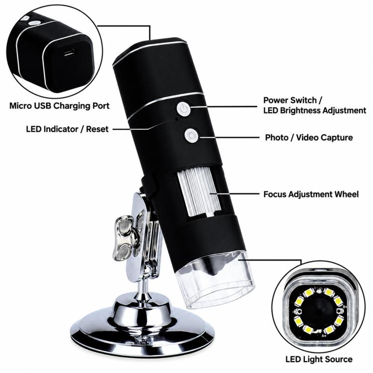 W01A Wireless Digital Microscope 1000X Handheld WiFi Borescope With 8 LED Lights, Rechargeable