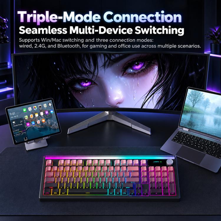 LANGTU L99 Gaming Keyboard 98 Keys Silent Membrane RGB Keyboard With Smart Display, Wired White Pudding, Wired BlackBerry, Wired Frosted Peach, Tri-Mode 5000mAh BlackBerry, Tri-Mode 5000mAh Frosted Peach, Tri-Mode 12000mAh BlackBerry                   ...