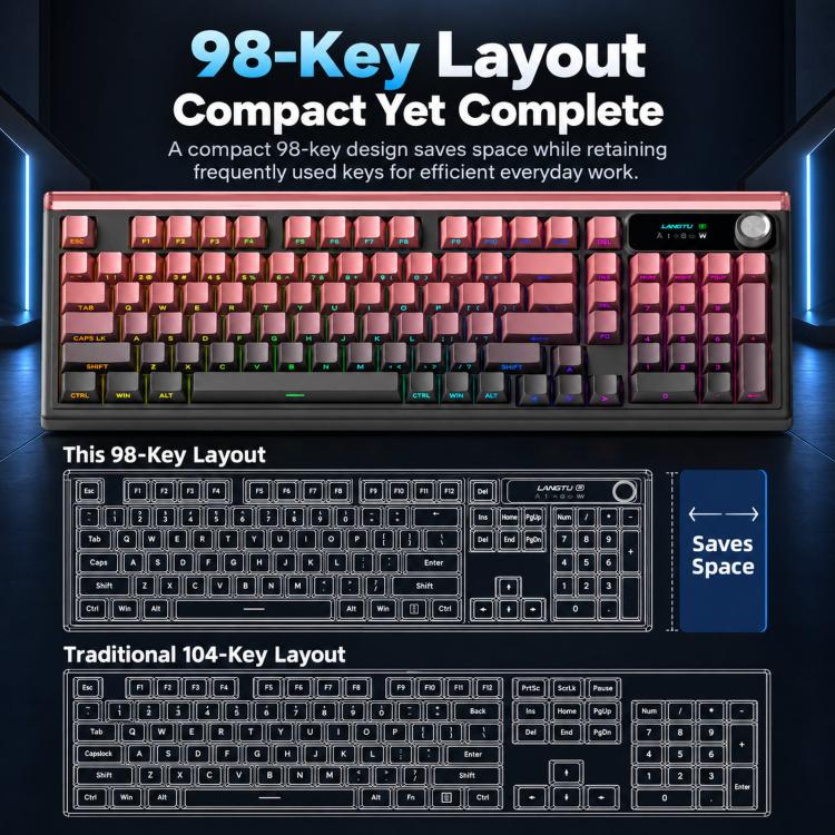 LANGTU L99 Gaming Keyboard 98 Keys Silent Membrane RGB Keyboard With Smart Display, Wired White Pudding, Wired BlackBerry, Wired Frosted Peach, Tri-Mode 5000mAh BlackBerry, Tri-Mode 5000mAh Frosted Peach, Tri-Mode 12000mAh BlackBerry                   ...