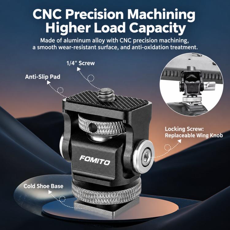 FOMITO Hot Shoe Universal Camera Monitor Bracket Adjustable Damping Rotating Snail Mount, No Knob Gimbal, With Knob Gimbal