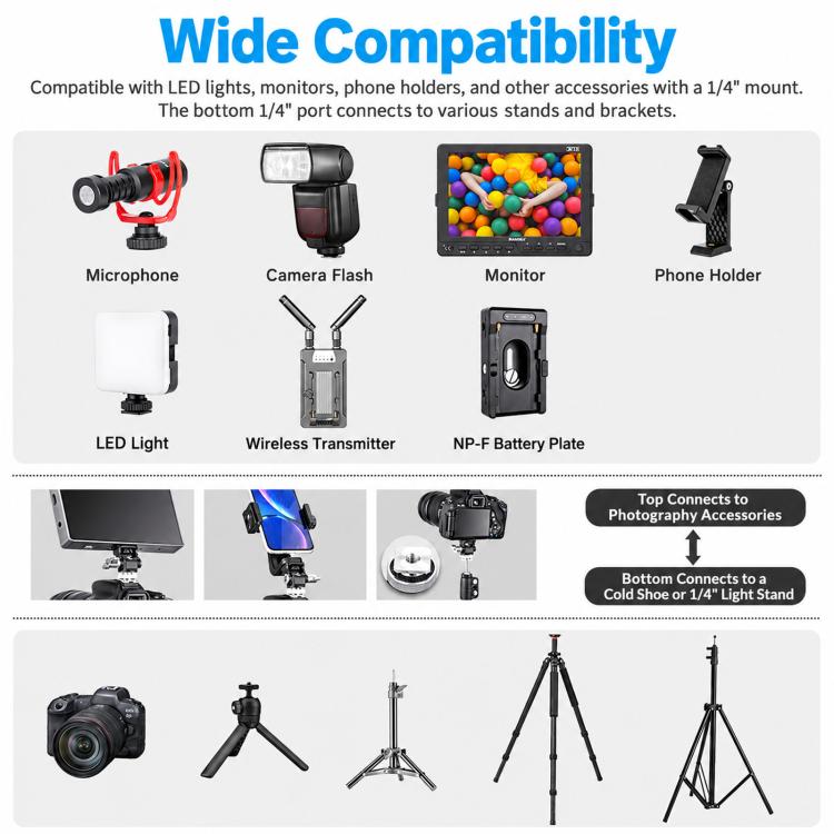 FOMITO Hot Shoe Universal Camera Monitor Bracket Adjustable Damping Rotating Snail Mount, No Knob Gimbal, With Knob Gimbal