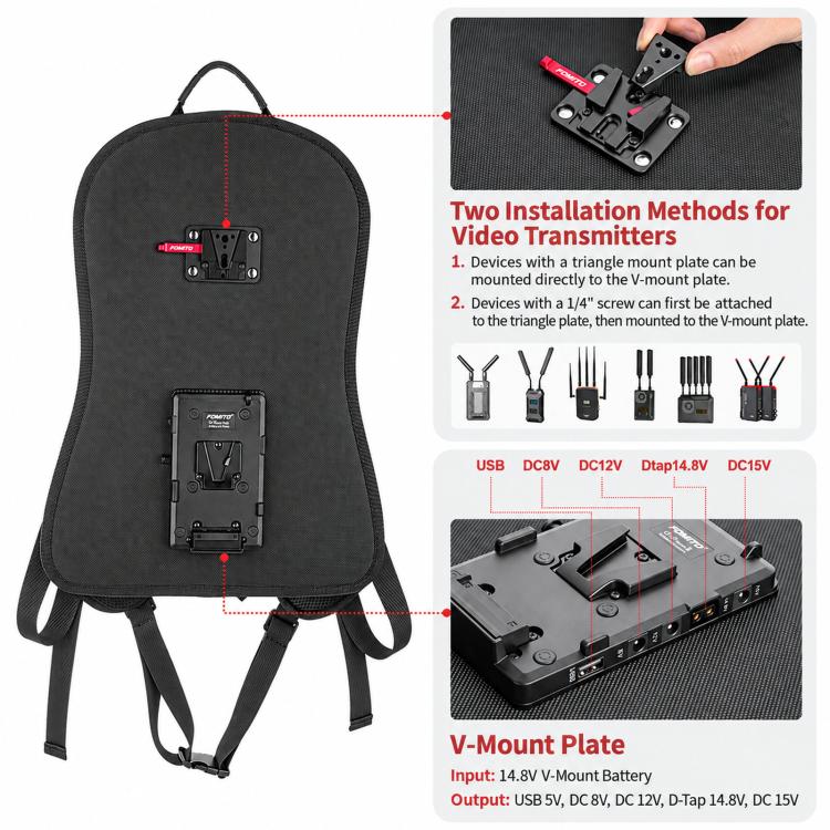 FOMITO Live Streaming V-Mount Battery Backpack Hanging Plate Mobile Wireless Video & Cloud Switcher Back Frame