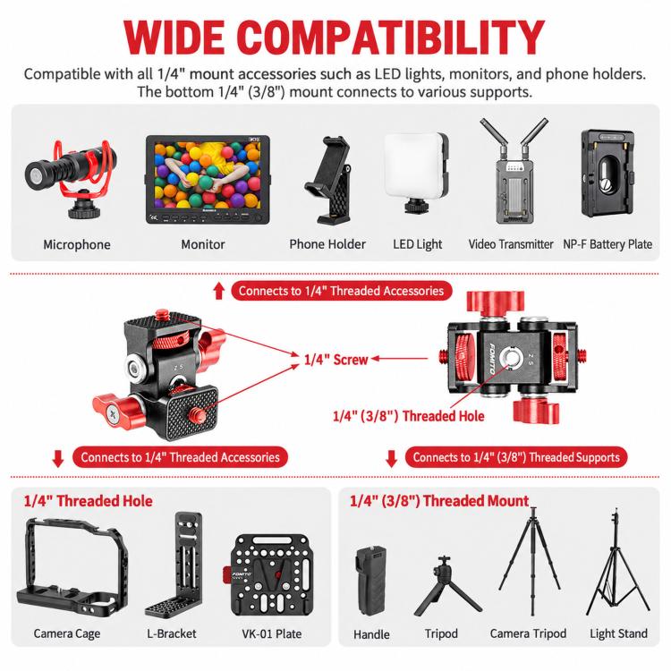 FOMITO Metal DSLR Camera Dual Head Snail Mount 1/4 Inch Adjustable Damping Monitor Bracket