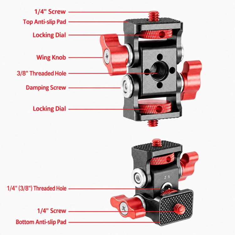 FOMITO Metal DSLR Camera Dual Head Snail Mount 1/4 Inch Adjustable Damping Monitor Bracket