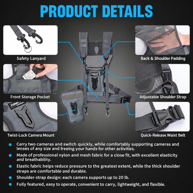 FOMITO Universal DSLR Camera Dual Photography Shoulder Strap With Waist Hanging, Grey