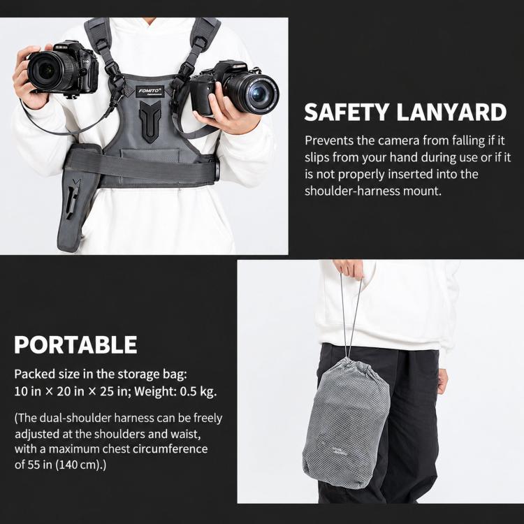 FOMITO Universal DSLR Camera Dual Photography Shoulder Strap With Waist Hanging, Grey