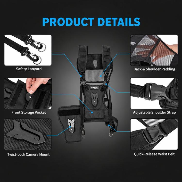 FOMITO Universal DSLR Camera Dual Photography Shoulder Strap With Waist Hanging, Black