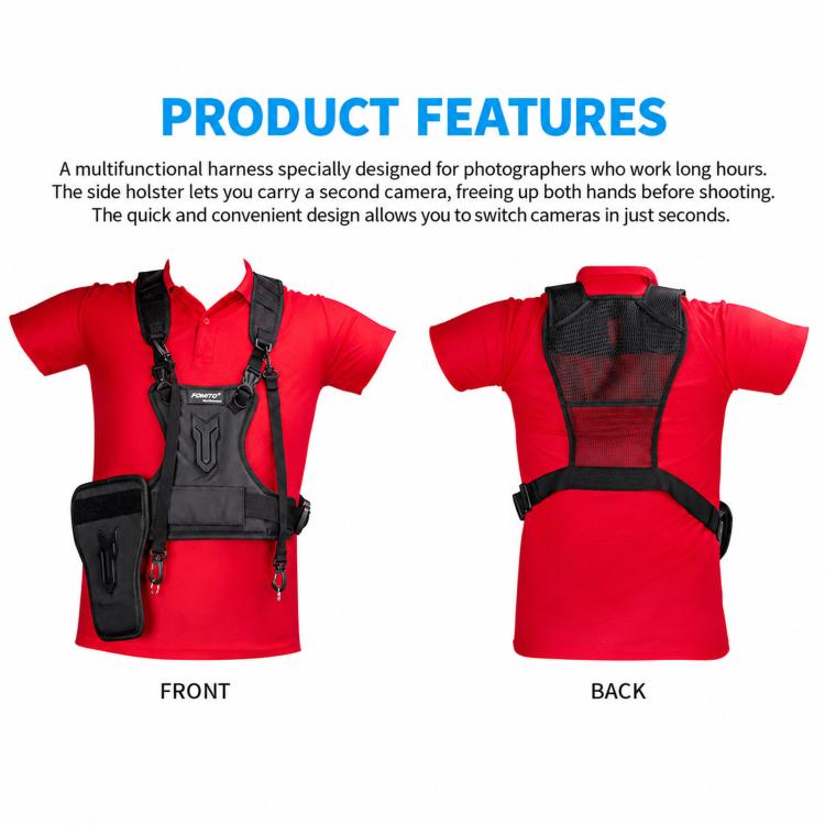 FOMITO Universal DSLR Camera Dual Photography Shoulder Strap With Waist Hanging, Black