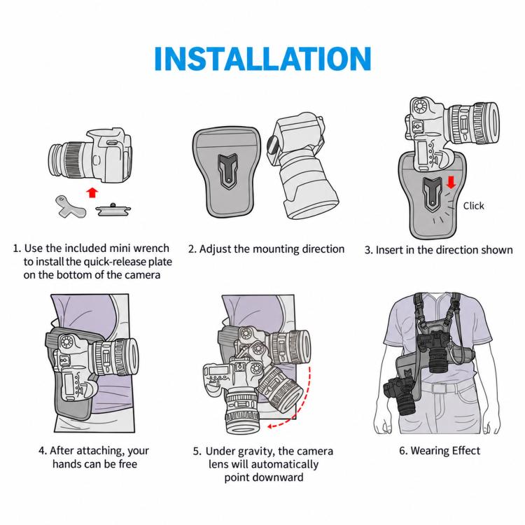 FOMITO Universal DSLR Camera Dual Photography Shoulder Strap With Waist Hanging, Black
