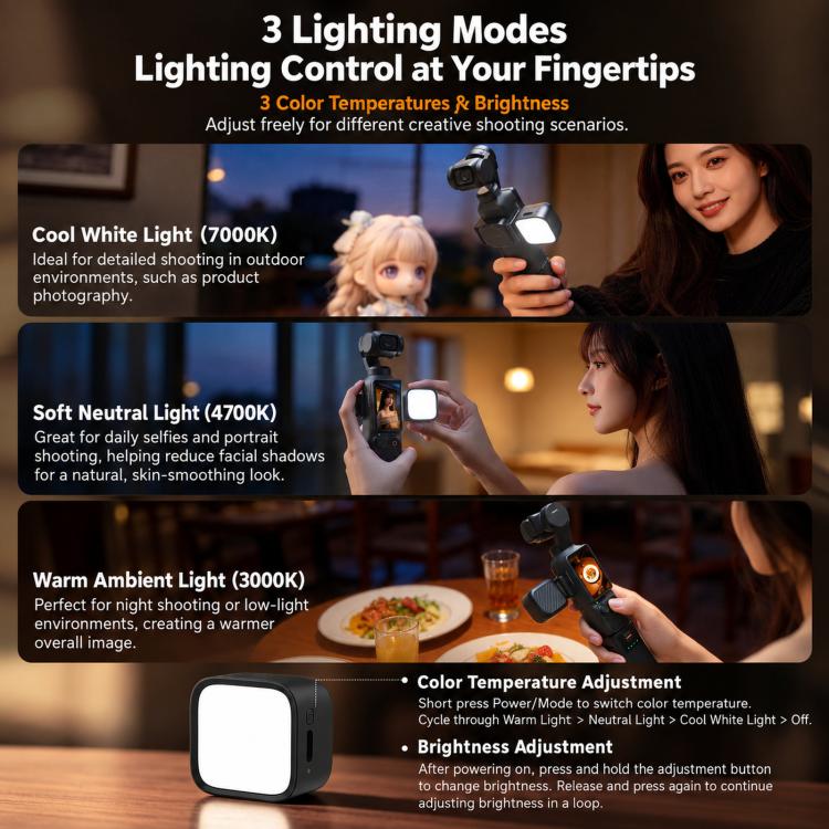 LKTOP Magnetic Fill Light For DJI Osmo Pocket 4 / 3 with 3 Color Modes 3000K-7000K, LKTOP