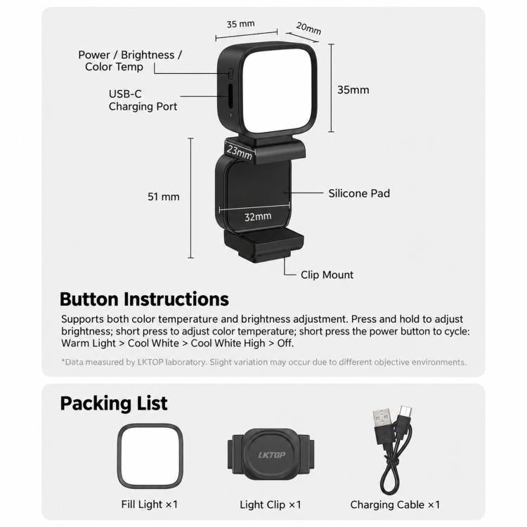 LKTOP Magnetic Fill Light For DJI Osmo Pocket 4 / 3 with 3 Color Modes 3000K-7000K, LKTOP