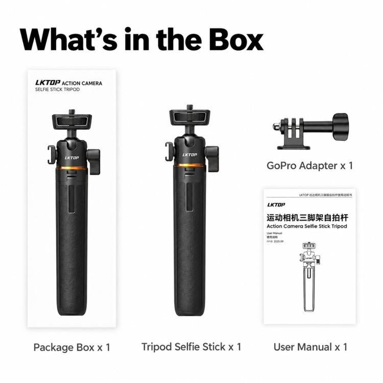 LKTOP 21-55cm Action Camera Selfie Stick Tripod Extendable Pole with 360-degree Ball Head, Cold Shoe