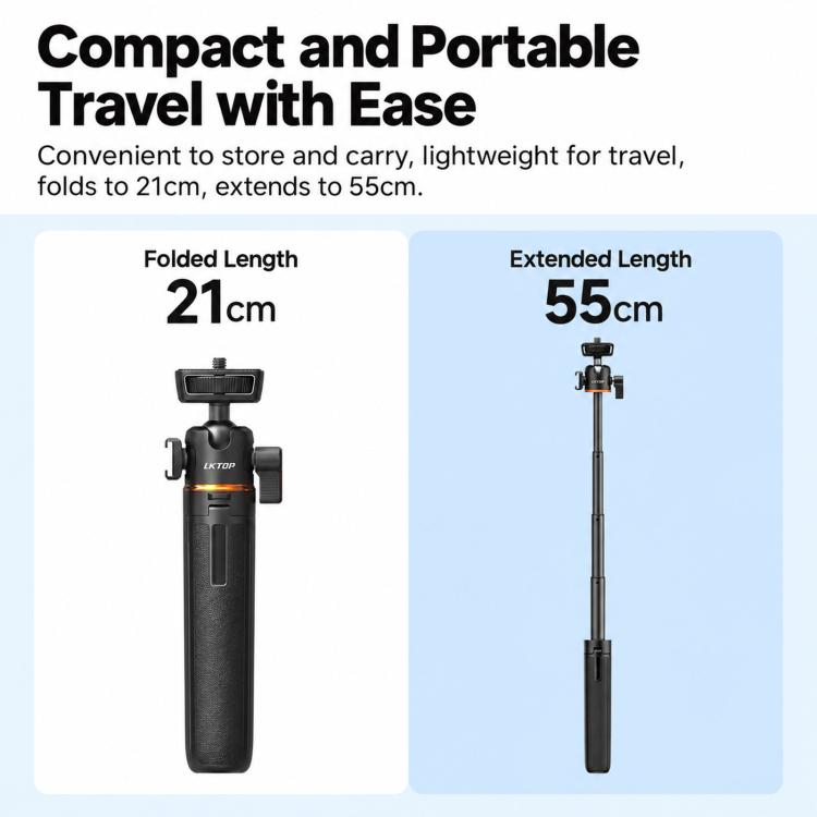 LKTOP 21-55cm Action Camera Selfie Stick Tripod Extendable Pole with 360-degree Ball Head, Cold Shoe