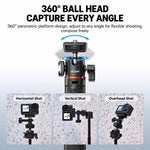 LKTOP 21-55cm Action Camera Selfie Stick Tripod Extendable Pole with 360-degree Ball Head, Cold Shoe
