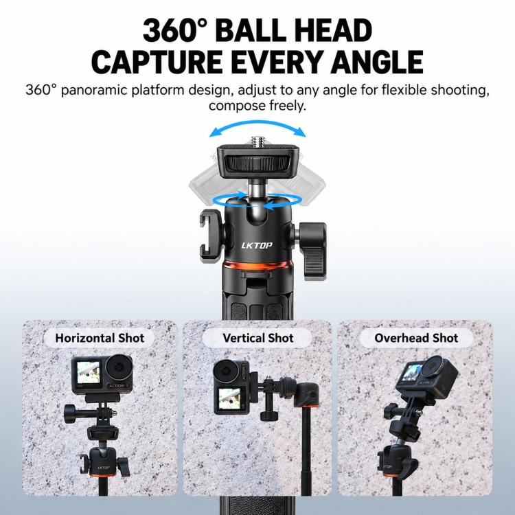 LKTOP 21-55cm Action Camera Selfie Stick Tripod Extendable Pole with 360-degree Ball Head, Cold Shoe