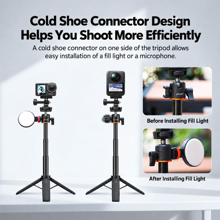 LKTOP 21-55cm Action Camera Selfie Stick Tripod Extendable Pole with 360-degree Ball Head, Cold Shoe