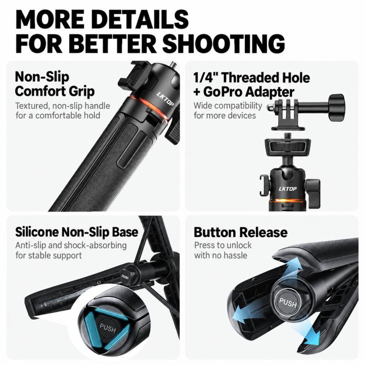 LKTOP 21-55cm Action Camera Selfie Stick Tripod Extendable Pole with 360-degree Ball Head, Cold Shoe