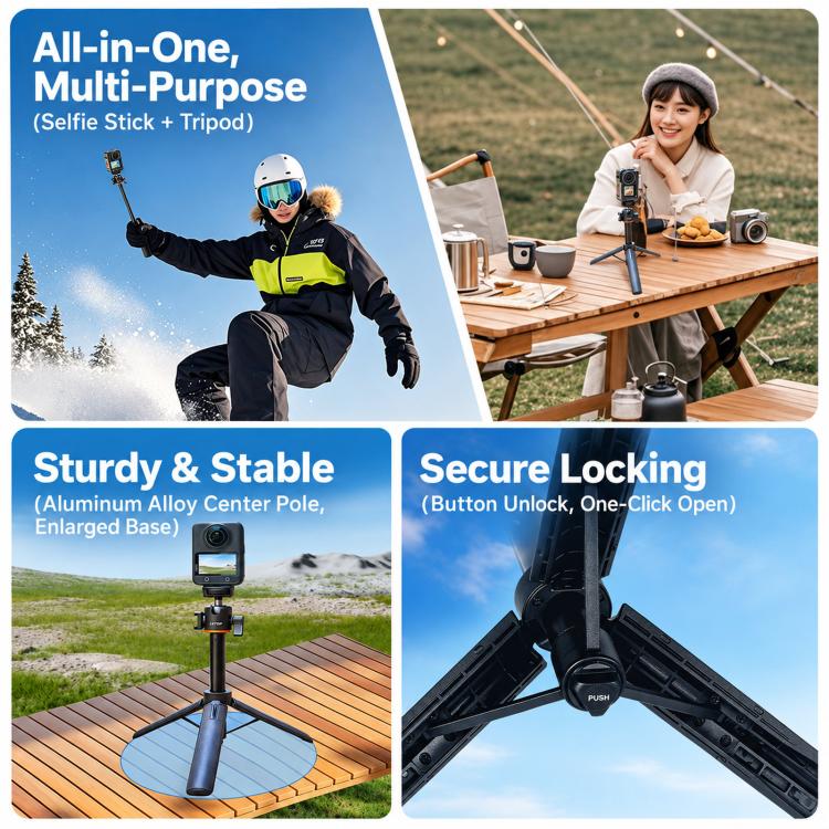 LKTOP 21-55cm Action Camera Selfie Stick Tripod Extendable Pole with 360-degree Ball Head, Cold Shoe