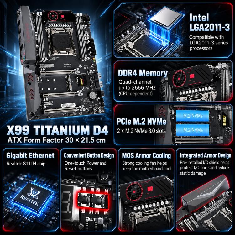 JGINYUE X99 Titanium D4 PLUS LGA 2011-3 ATX Motherboard Quad-Channel DDR4 Mainboard, X99- TI D4 PLUS