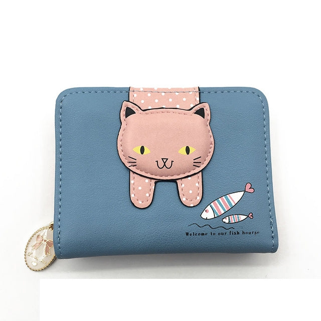 Portafoglio da donna carino gatto Portafoglio con cerniera piccolo Portamonete in pelle PU, Cat Black, Cat Blue, Cat Green, Cat Pink, Cat Rose Red