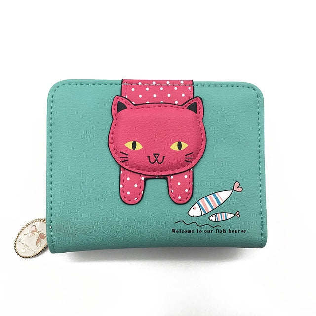 Portafoglio da donna carino gatto Portafoglio con cerniera piccolo Portamonete in pelle PU, Cat Black, Cat Blue, Cat Green, Cat Pink, Cat Rose Red